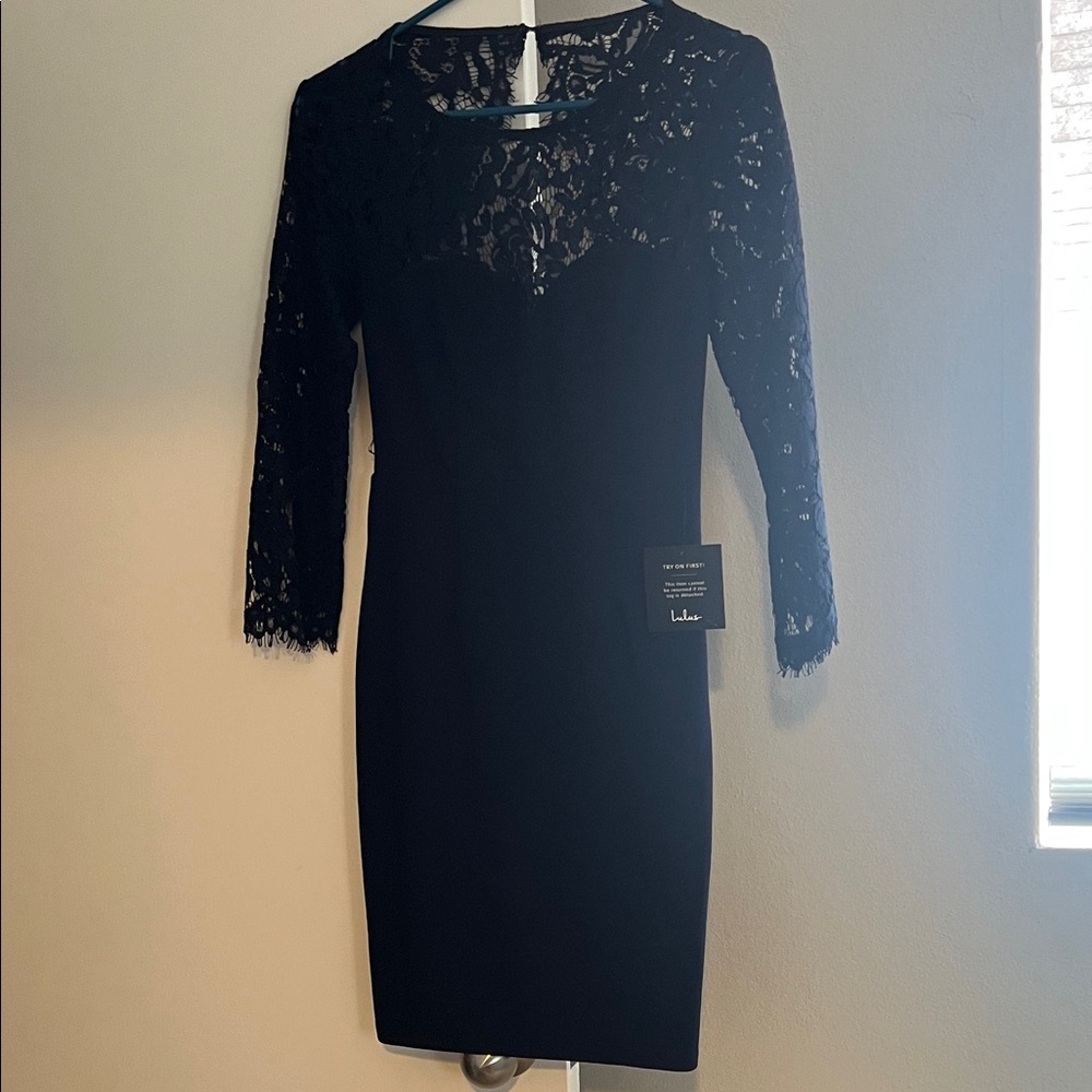 Lulu's Elegant Navy Blue Lace Long Sleeve Dress